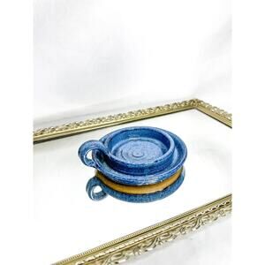 Vintage Signed Lyle Clift Blue Studio Pottery Chamberstick Style Votive Candle